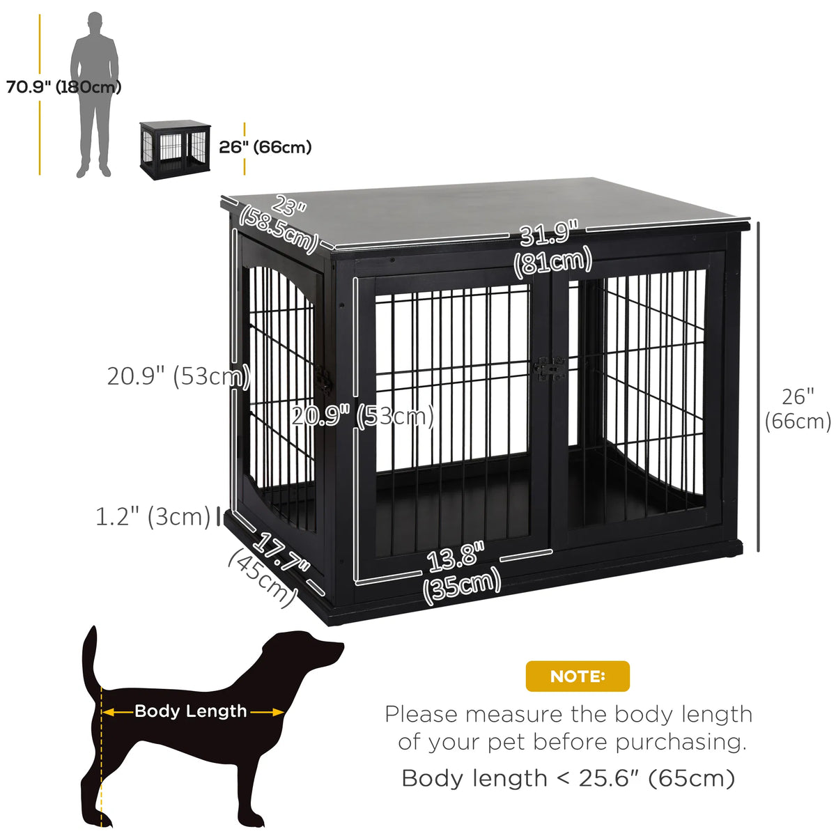 26" Wooden Dog Cage with Double Door Entrance & Simple Modern Design Black - Image 2