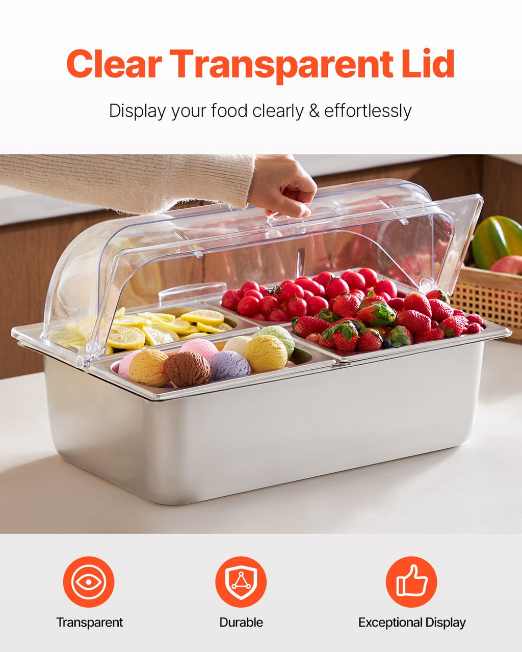 Countertop Food Serving Display Container Pan Condiment Dispenser With Lid - In-Use and Feature Display