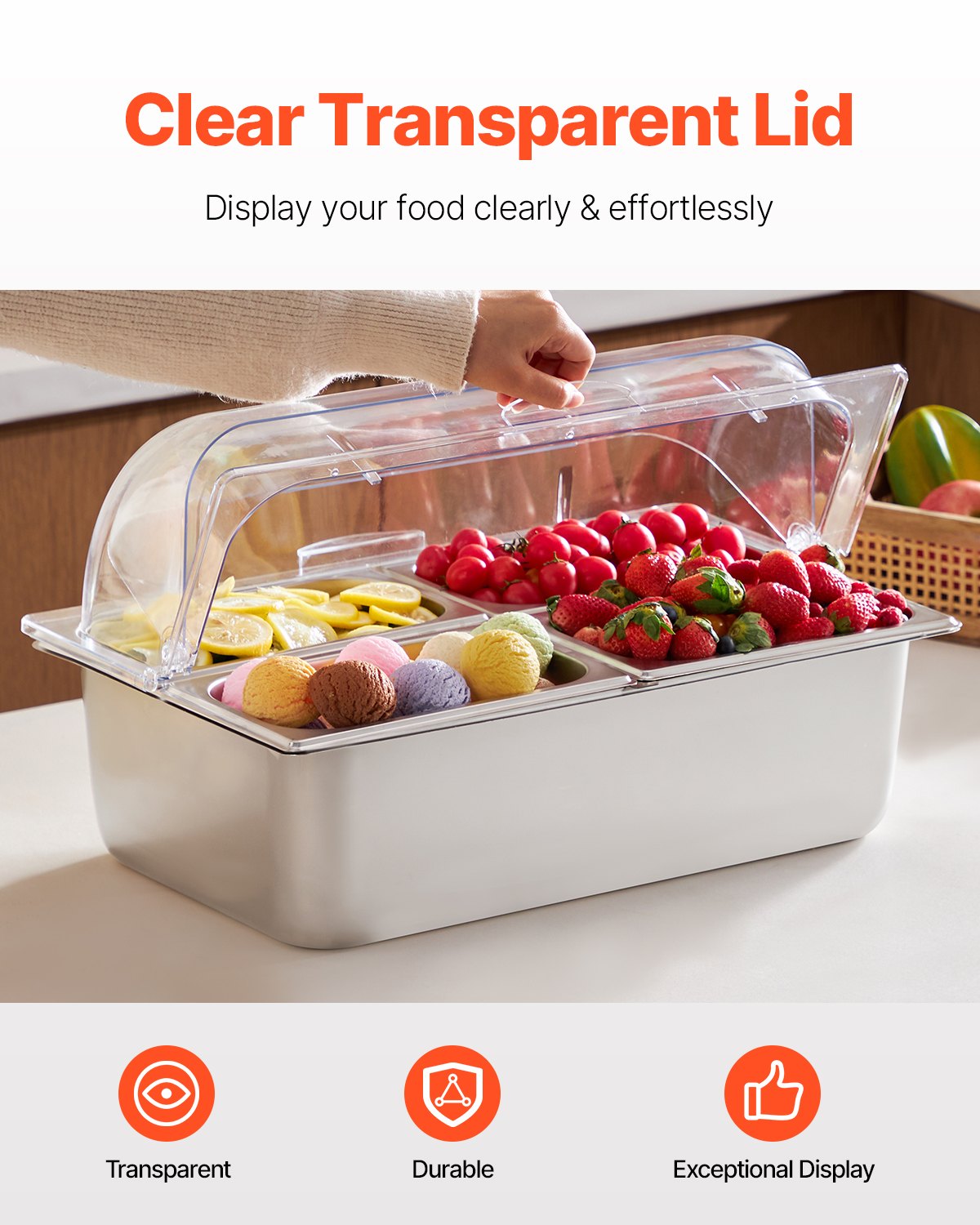 Countertop Food Serving Display Container Pan Condiment Dispenser With Lid - In-Use and Feature Display