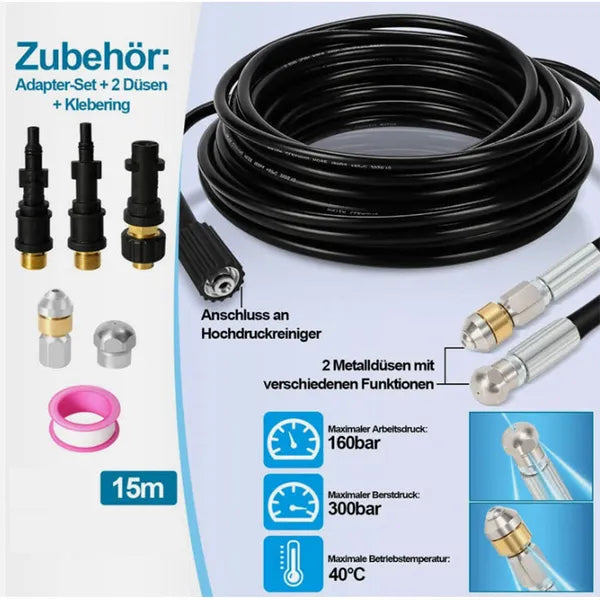 15m High Pressure Washer Pipe Cleaning Kit 160Bar Power With Push & Spin - Image 5