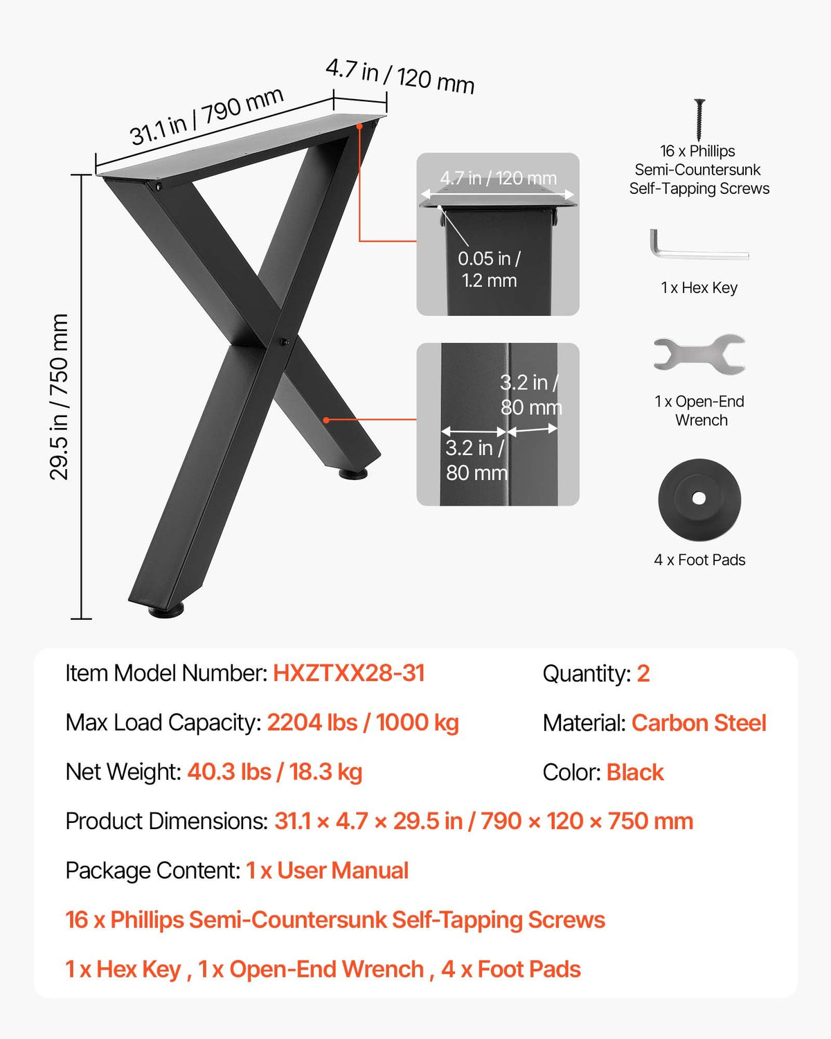 Table Legs 29.5" H X 31.1" W Steel Furniture Legs Modular Design Easy - Image 2