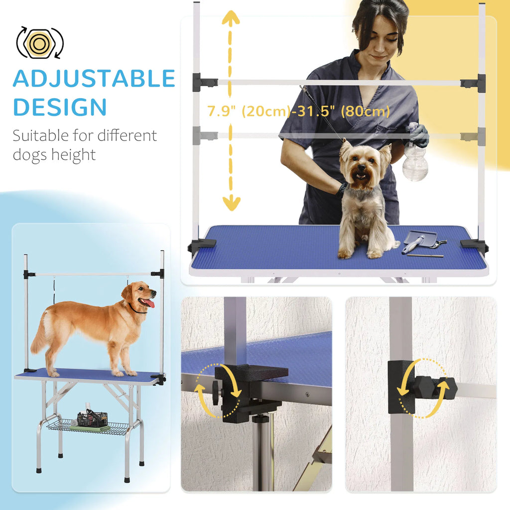 Adjustable Dog Grooming Table with 2 Safety Slings Storage Basket Blue