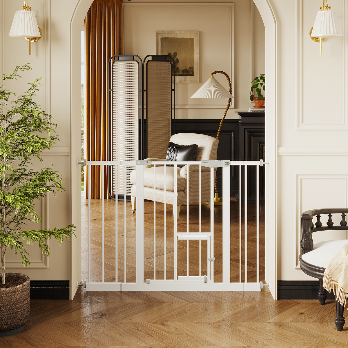 Baby Gate With Cat Door 29 44 1" Metal Pet For Stairs Doorways Pressure - Image 3