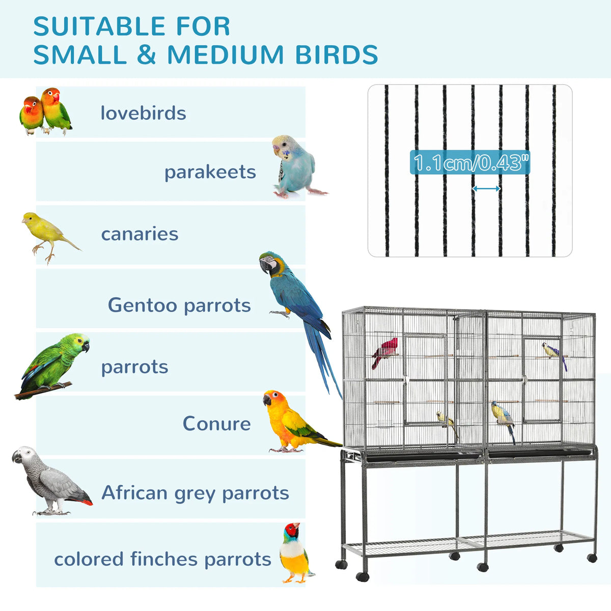 64" Extra Large Bird Cage Rolling Metal Parrot Cage Bird House with - Image 4