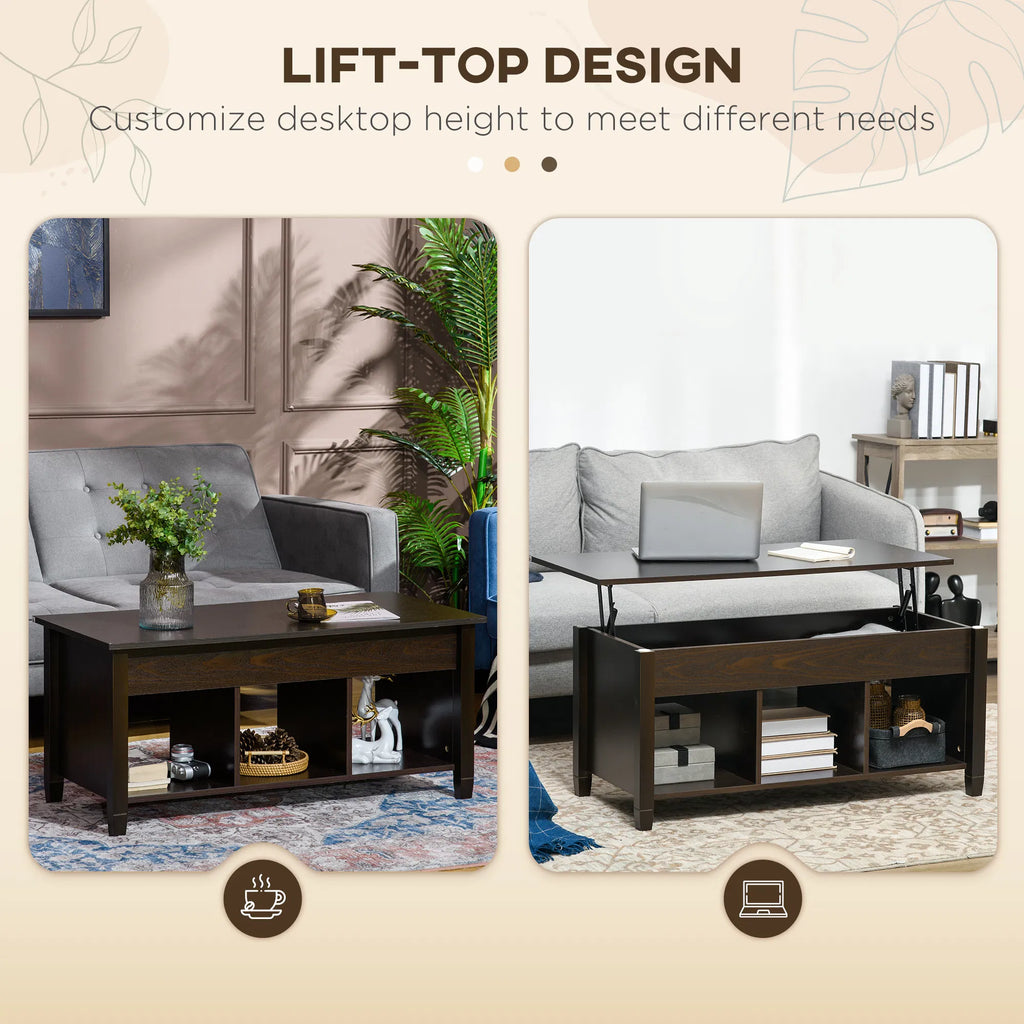 Lift Top Coffee Table with Hidden Storage Compartment and 3 Lower Shelves