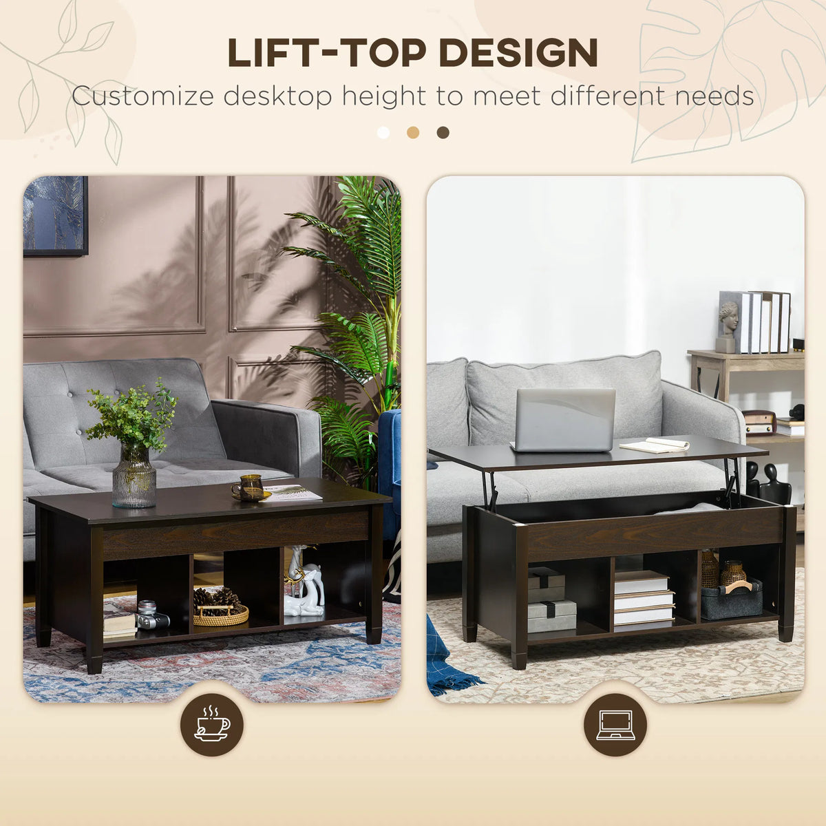 Lift Top Coffee Table with Hidden Storage Compartment and 3 Lower Shelves
