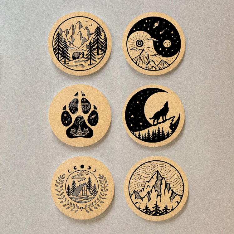 6 Piece Mountain Cork Coaster Set With Holder Inch Round Absorbent Drink