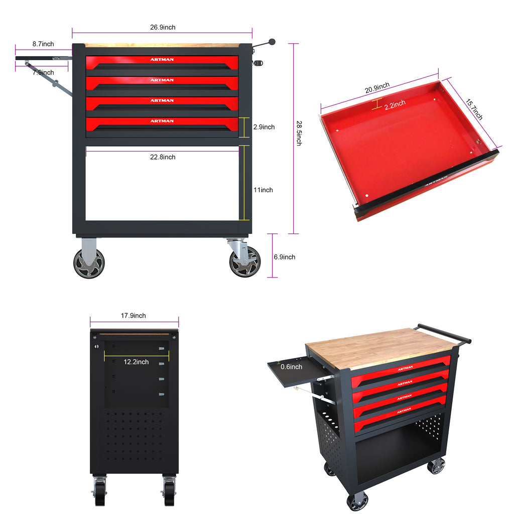 4 DRAWERS MULTIFUNCTIONAL TOOL CART WITH WHEELS AND WOODEN TOP - Image 5