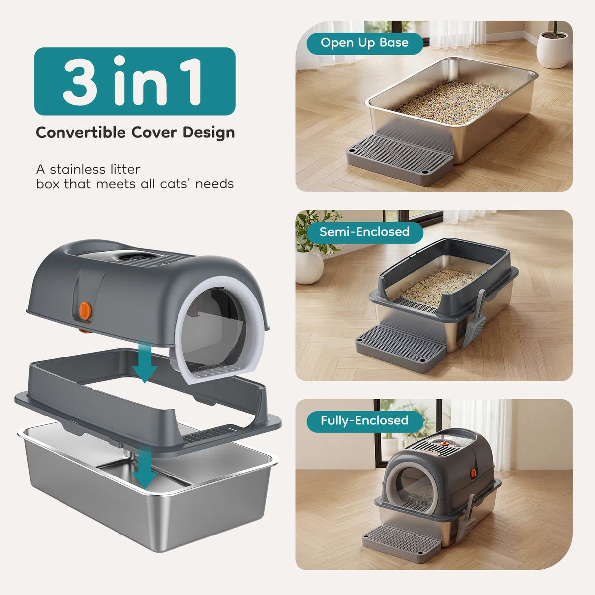 Double entry convertible lid cat litter box