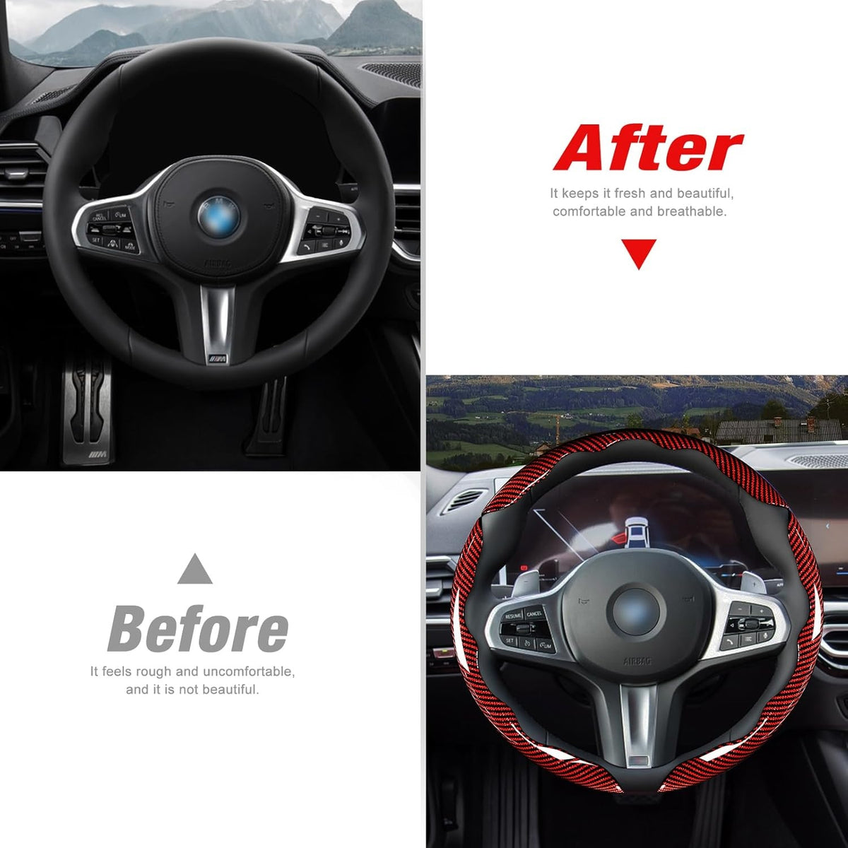 Car Steering Wheel Cover Set Bright Carbon Fiber Wrap Non Slip 3pcs - Image 3