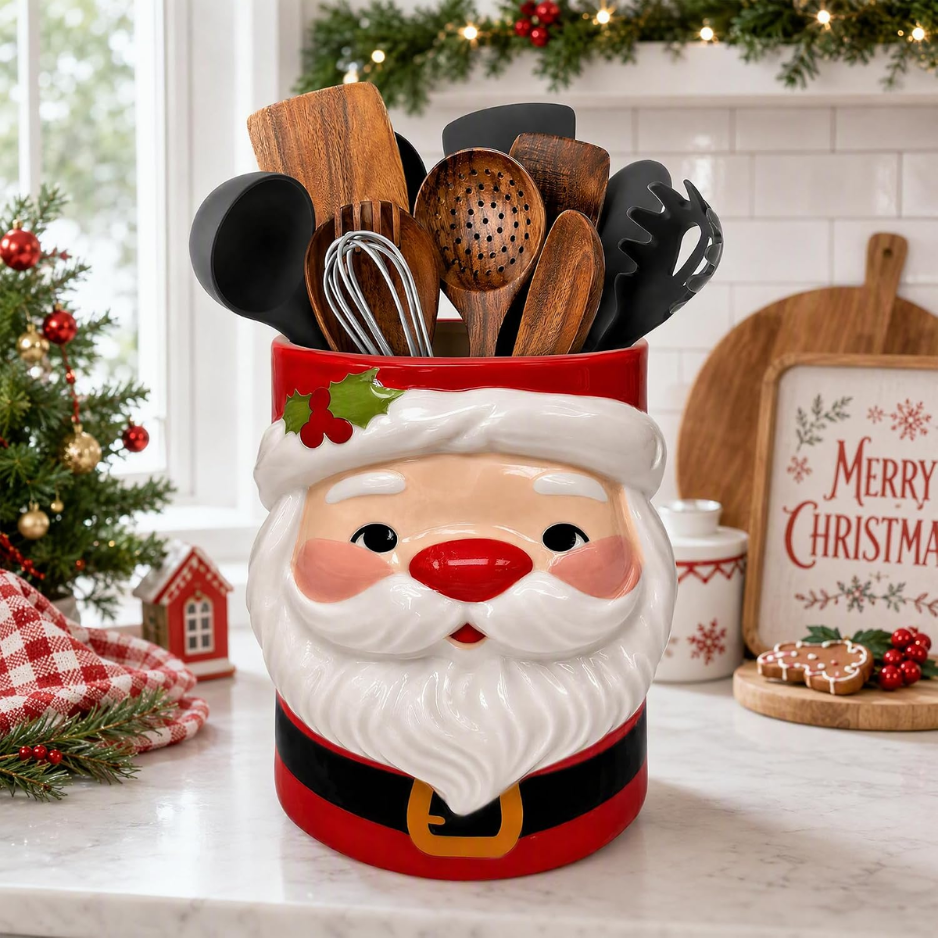 Christmas Ceramic Utensil Holder Santa Claus Kitchen Decor 3 Santa Countertop - Image 3