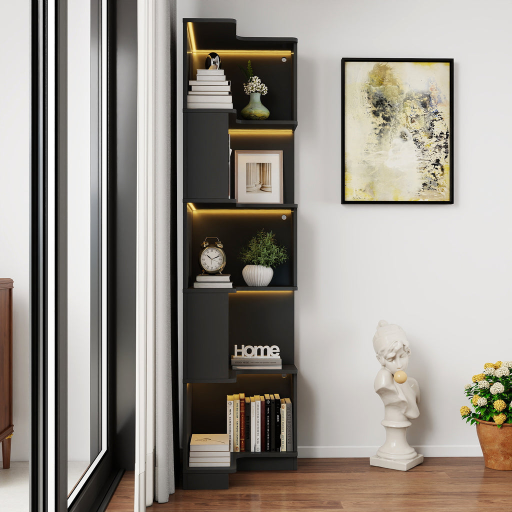 5-Tier Corner Bookshelf with LED Lights