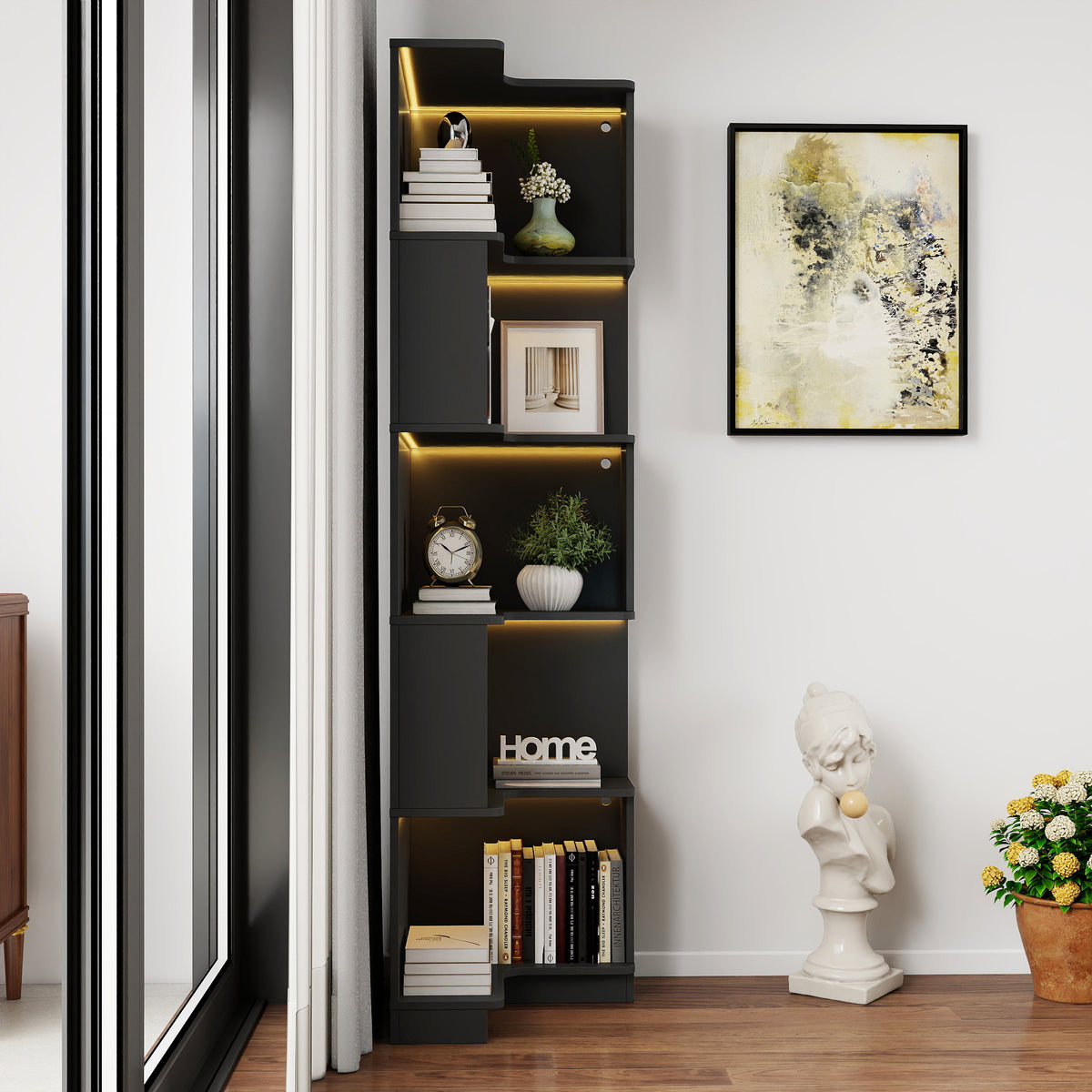 5-Tier Corner Bookshelf with LED Lights