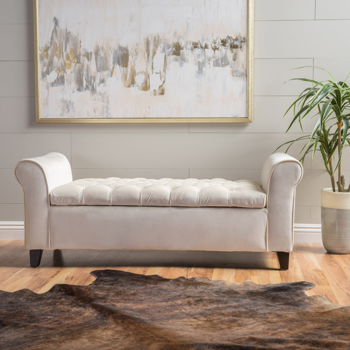 Ivory Upholstered Storage Bench with Rolled Arms