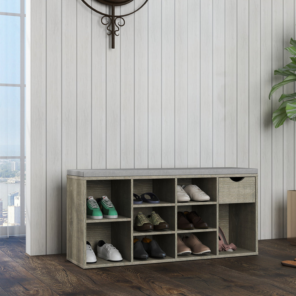 Gray Shoe Storage Bench with Drawer and Cushion