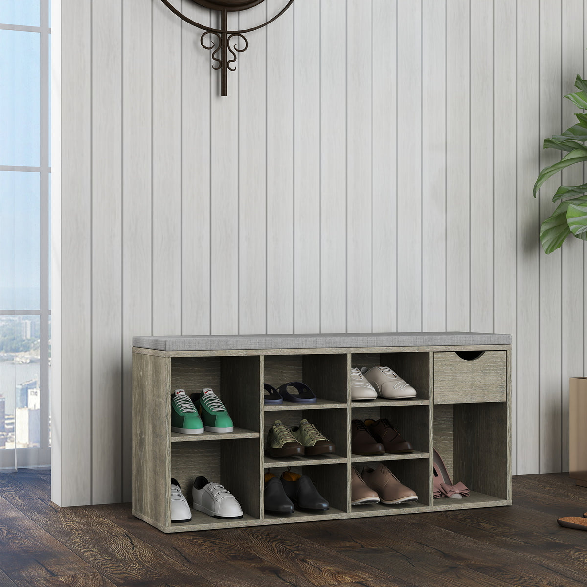 Gray Shoe Storage Bench with Drawer and Cushion