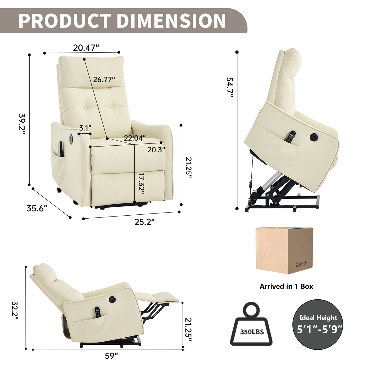 Beige PU Single Motor Power Lift Recliner Chair with Massage and Heat for - Image 2