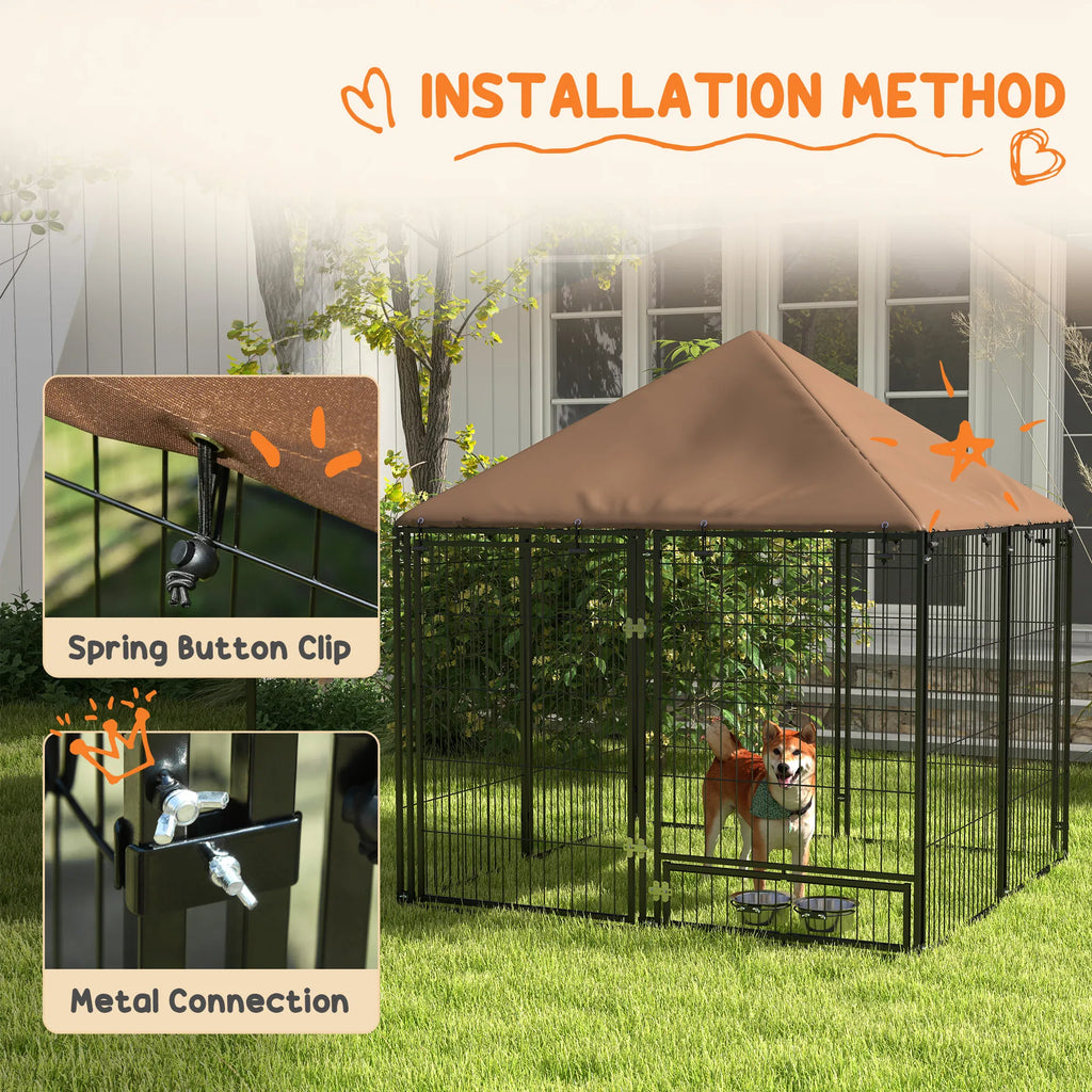 4.6' x 4.6' x 5' Outdoor Dog Kennel with Canopy Rotating Bowls Coffee - Image 4
