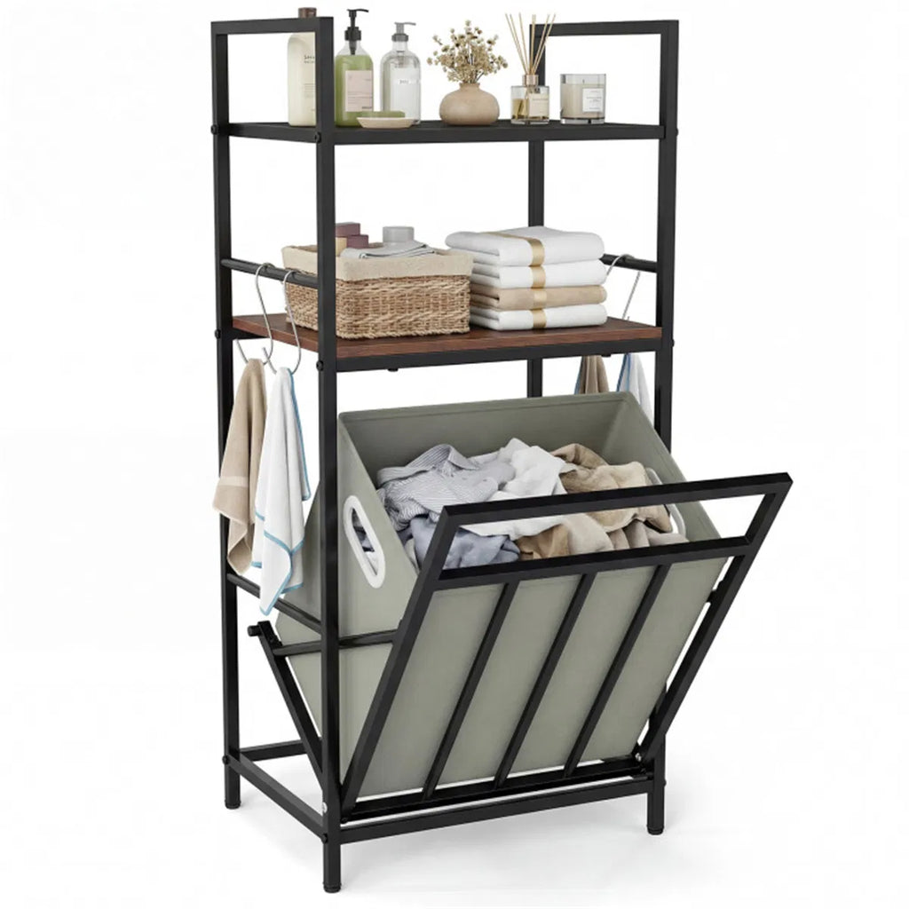 Black Rustic Brown Tilt Out Laundry Hamper Metal Engineered Wood With Shelves