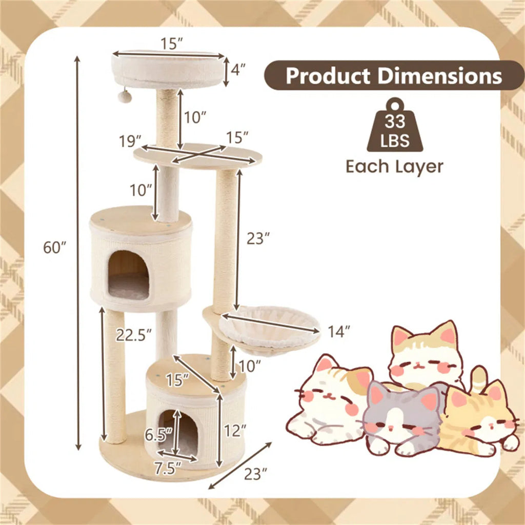 60 Inch Tall Wooden Cat Tree Multi Level Cat Tower with Sisal Scratching Posts - Image 3