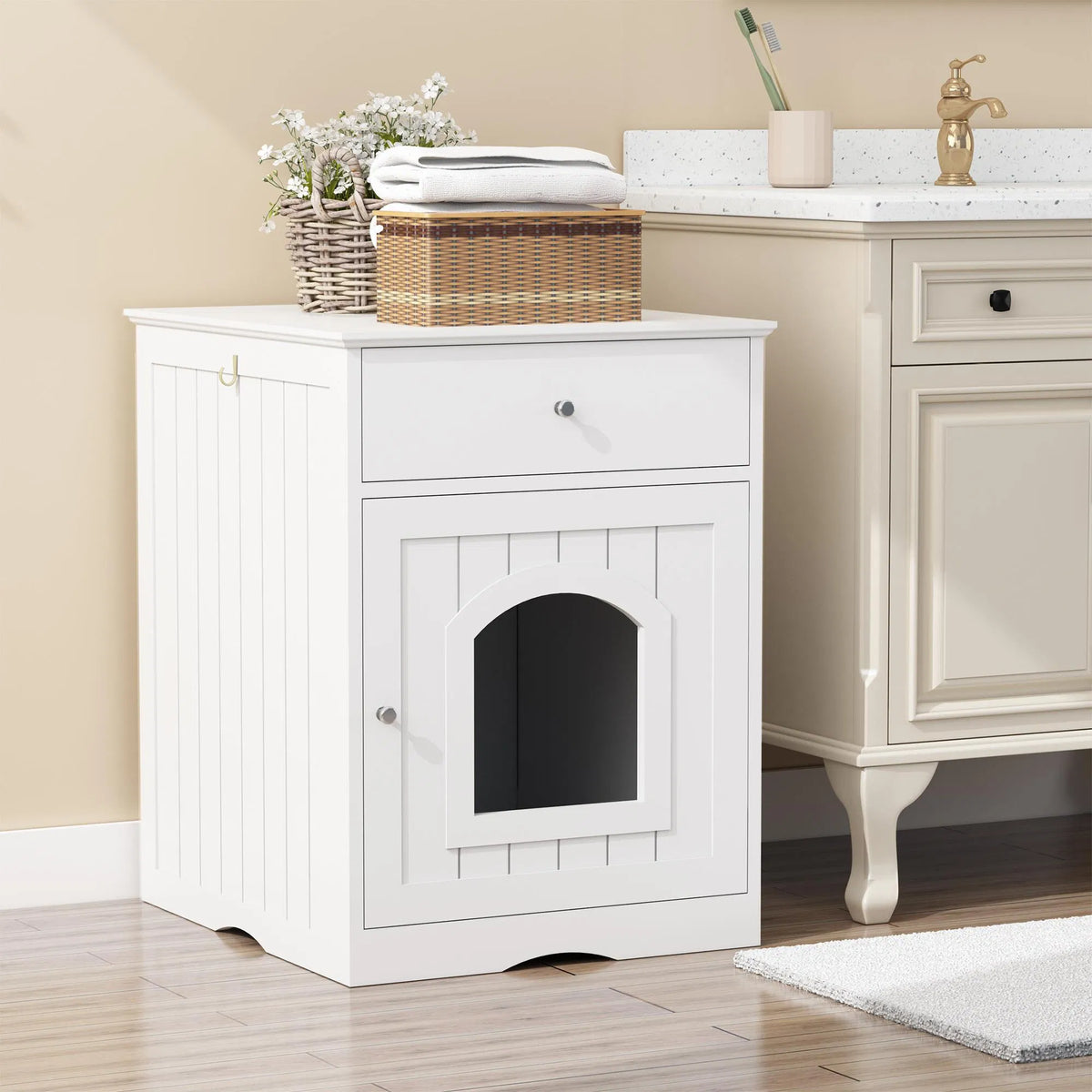 Wooden Pet House Cat Litter Box Enclosure with Drawer Side Table Indoor Pet - Image 3