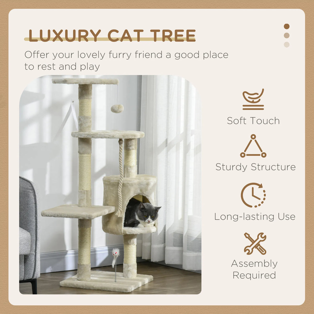 46" Scratching Cat Tree Multi Level Activity Center Kitty Condo Furniture Post Beige - Image 4
