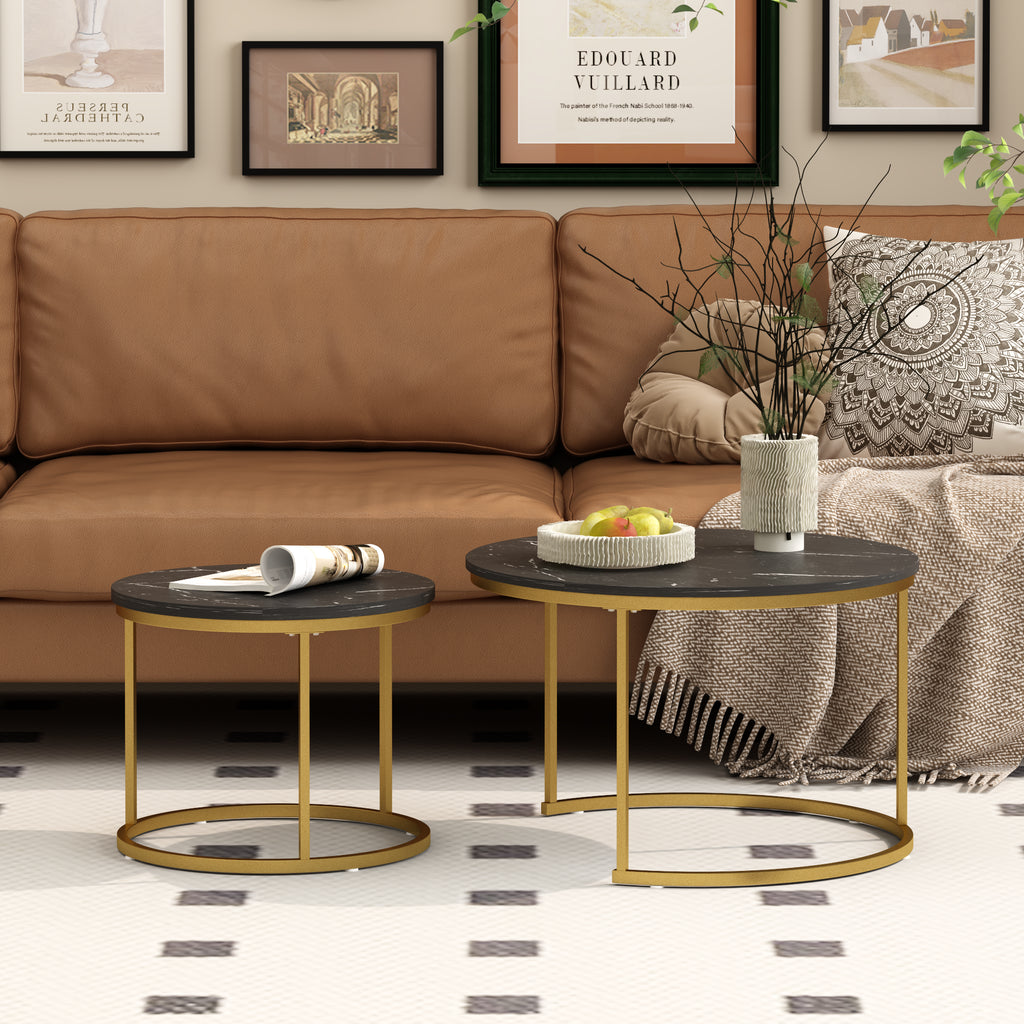 27.6in Nesting Coffee Table Set of 2 Round Coffee Table Wood Marble Pattern