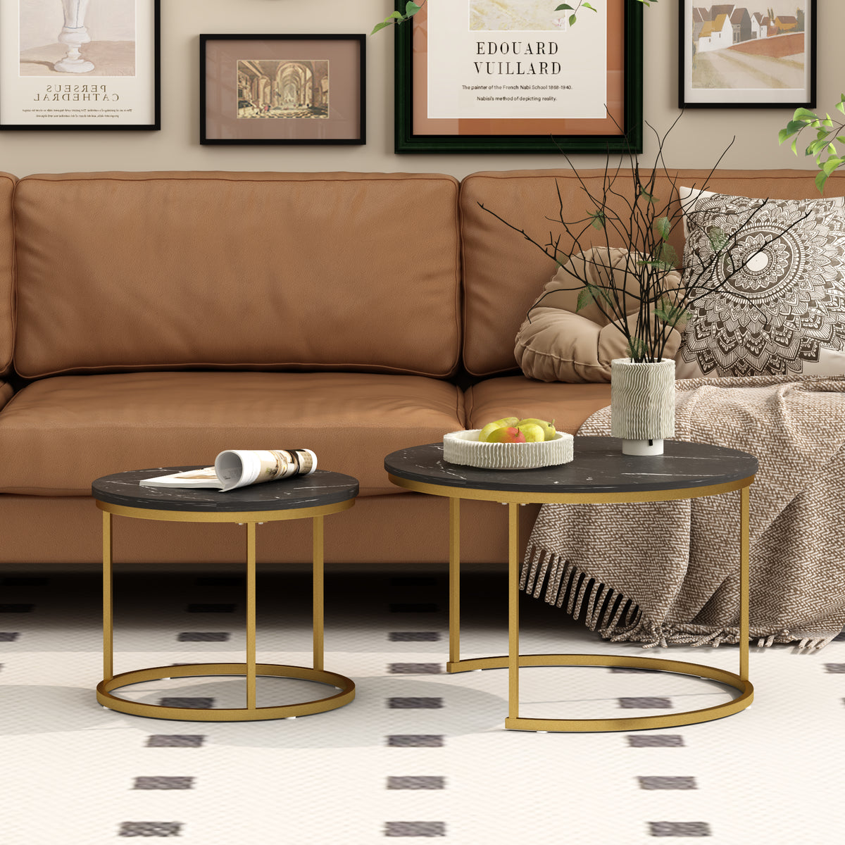 27.6in Nesting Coffee Table Set of 2 Round Coffee Table Wood Marble Pattern