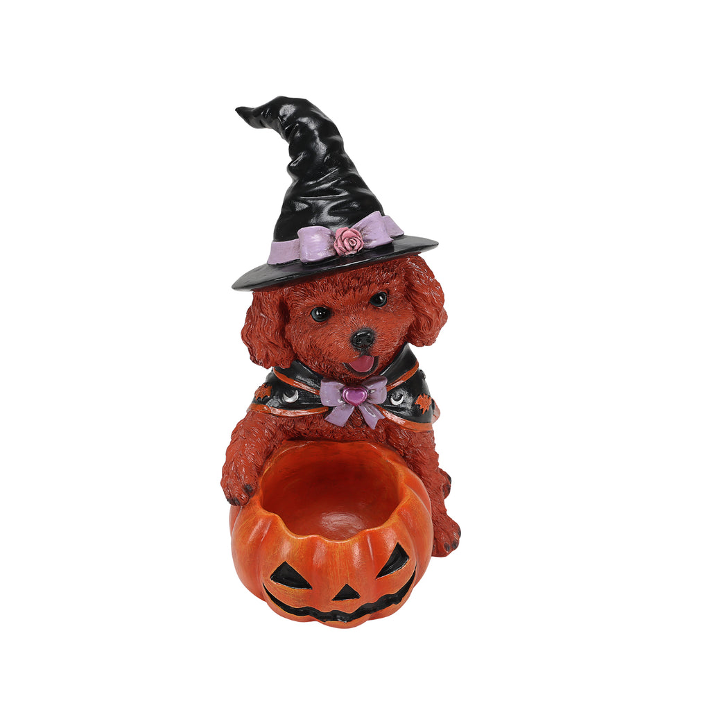 Halloween Brown Teddy Dog Witch Figurine Cute Puppy Holding Pumpkin Candy Bowl