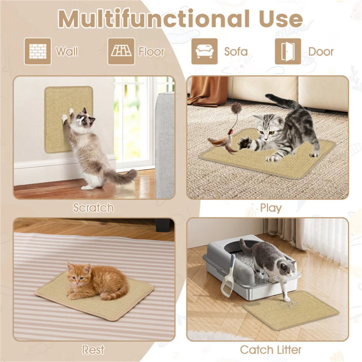 16 x 12 Inch Natural 6 Piece Cat Scratching Mats Sisal Material Anti Slip