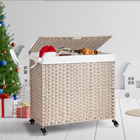 160L Gray Rattan Laundry Hamper with Wheels
