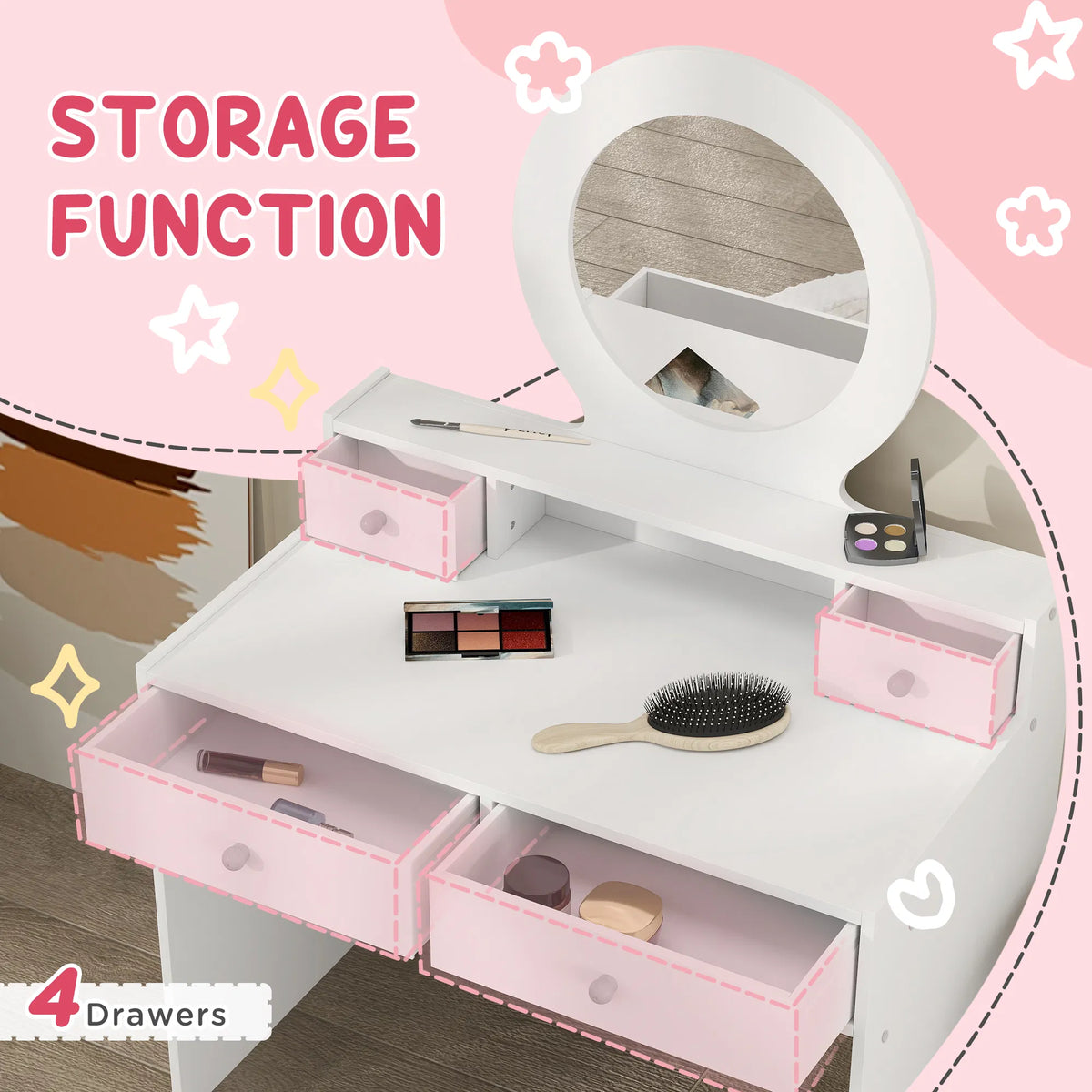 Kids Vanity Set Children Makeup Table with Mirror Stool and Storage Drawers - Image 2