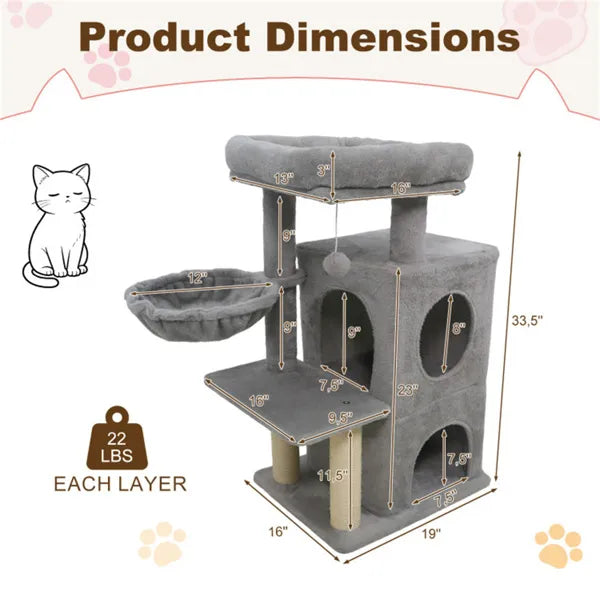 Light Gray 33.5" Multi Level Cat Tree With 2 Tier Condo Sisal Scratching Posts