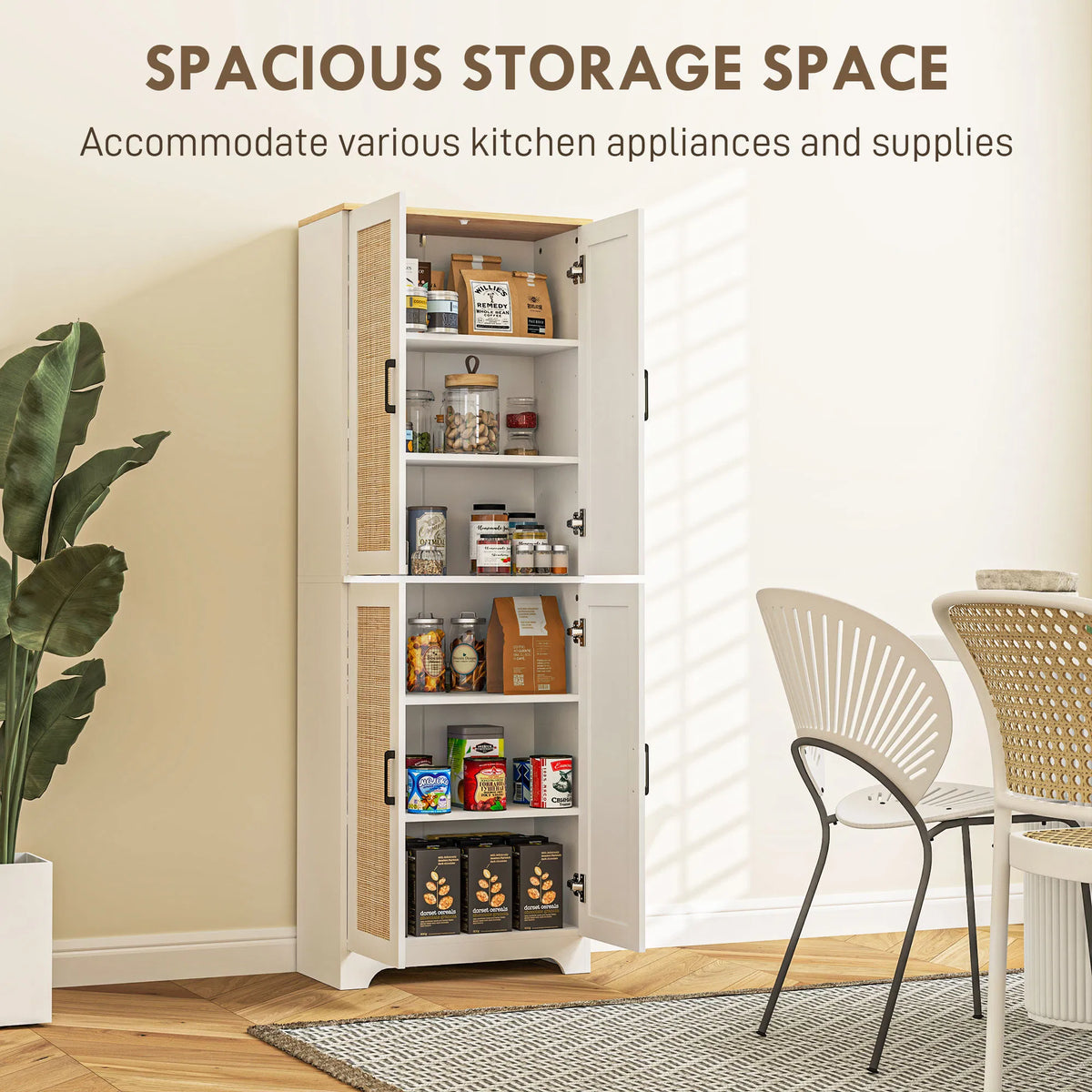 67" Tall Kitchen Pantry Freestanding Kitchen Storage Cabinet with 4 Rattan - Image 2