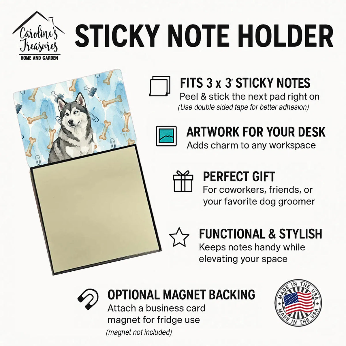 Gray And White Alaskan Malamute Coworker Watercolor Sticky Note Holder - Image 4