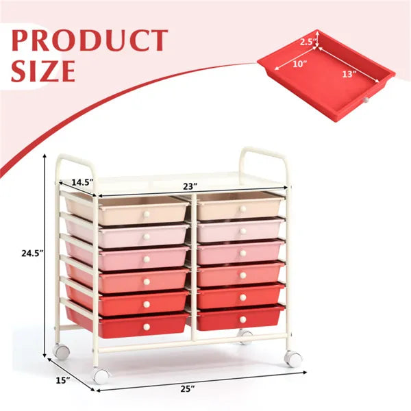 12 Drawer Rolling Storage Cart 2 Row 10 Storey Multicolor Drawers 4 Wheels