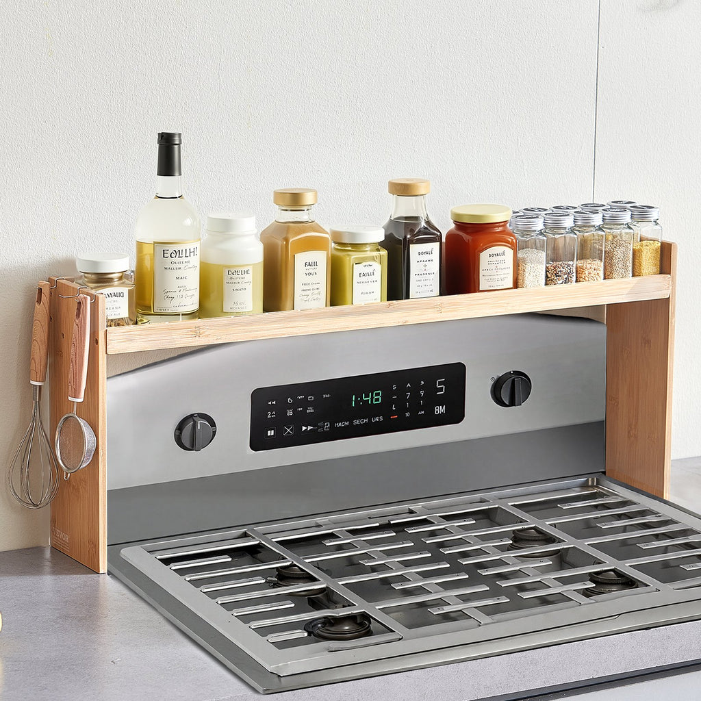 Over The Stove Spice Shelf Rack Kitchen Organizer 32 6x13in Bamboo Hooks - Additional Product View 6