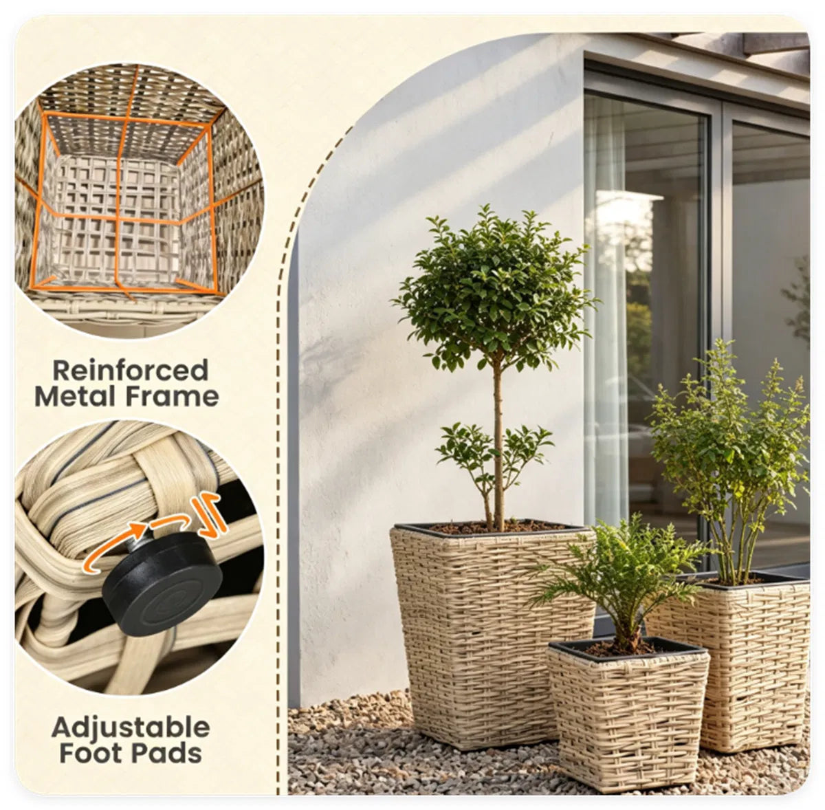 3 Piece Nested Rattan Planter Set UV Resistant PP Wicker Plant Boxes with - Image 5