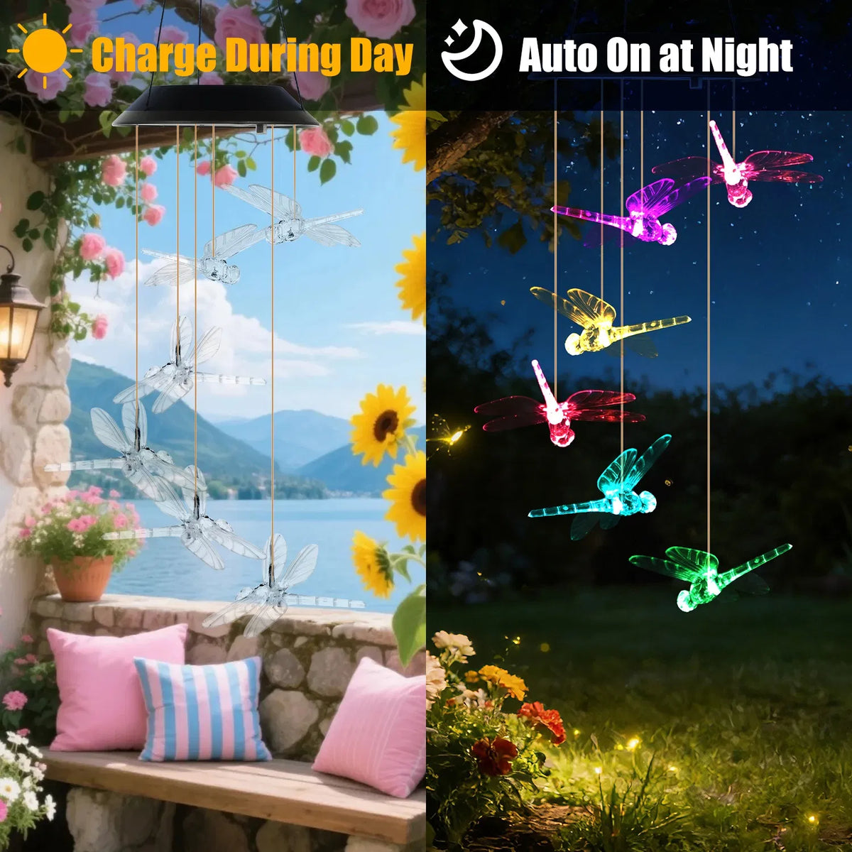2PCS Outdoor Solar Wind Chimes Solar Dragonfly Wind Chimes Color Changing LED - Image 5