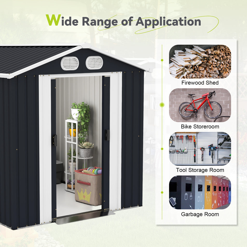 8x6ft galvanized metal outdoor storage shed with double doors in dark gray - angle view