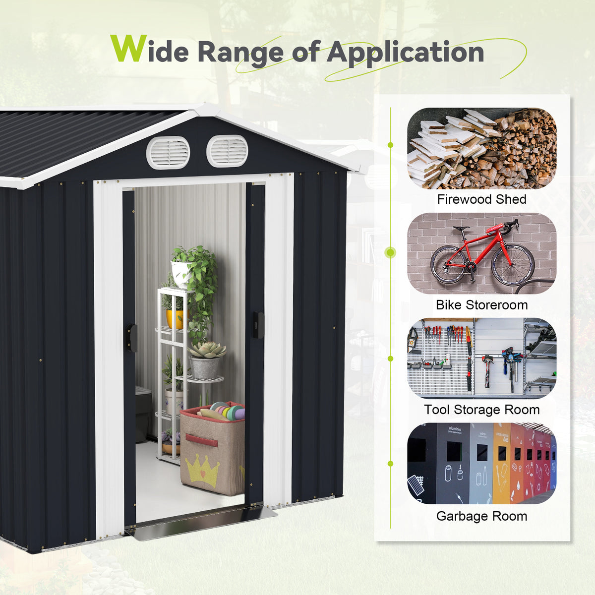 8x6ft galvanized metal outdoor storage shed with double doors in dark gray - angle view