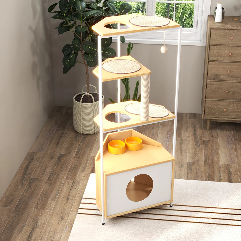 Corner Cat Tower Cat Tree with Scratching Post Cat Condo with Feeding Station