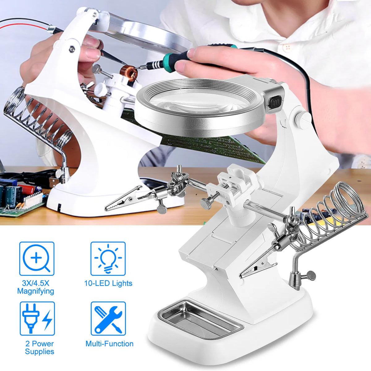LED Light Helping Hands Magnifying Glass 3X/4.5X w/ 360°Adjust Third Hand - Image 5