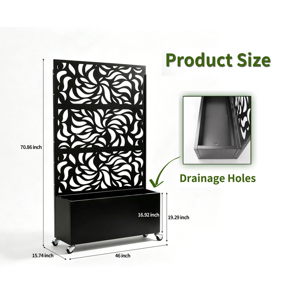 70.87" H 46.06" W Leaf Pattern Privacy Screen with Planter Box Black Metal - Image 5