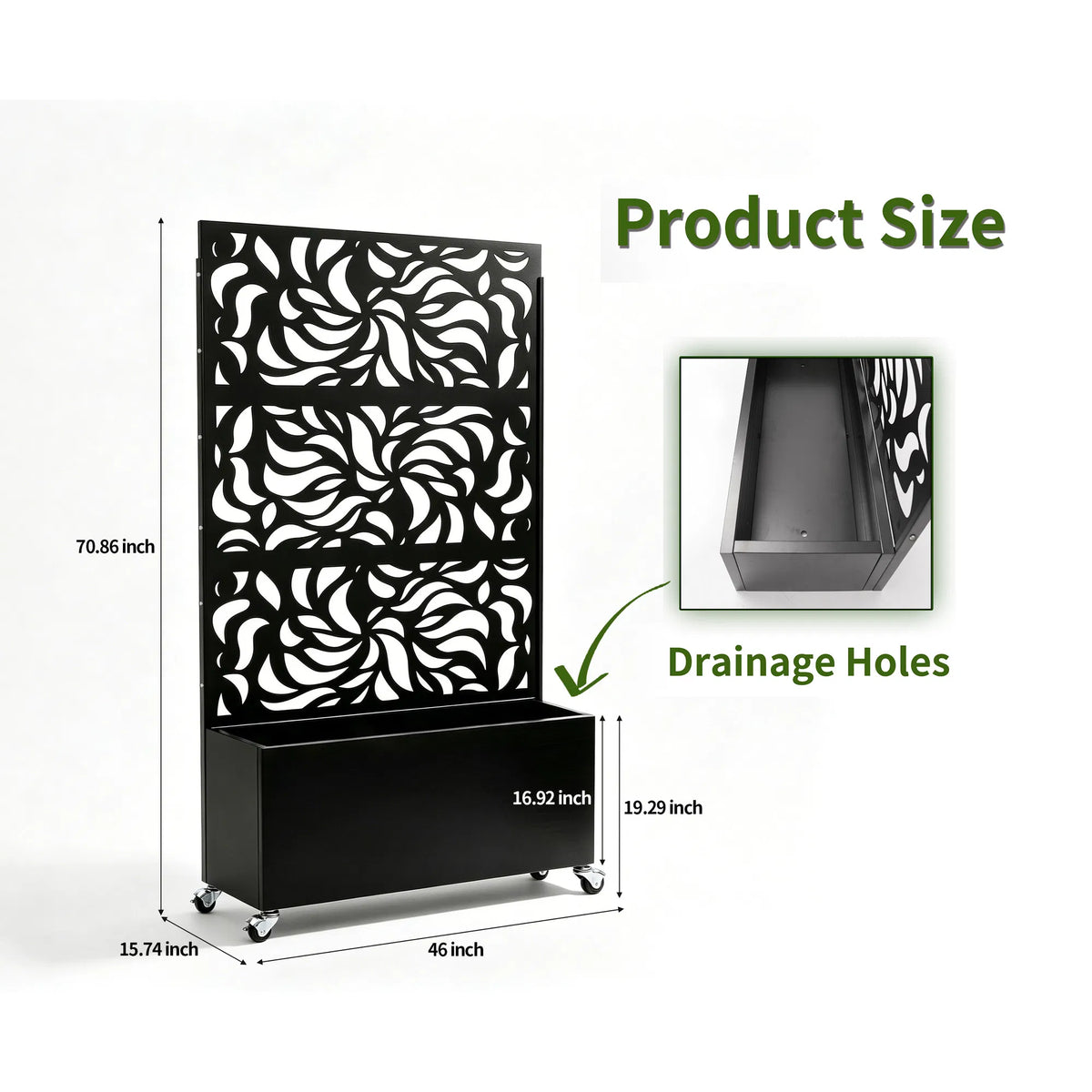 70.87" H 46.06" W Leaf Pattern Privacy Screen with Planter Box Black Metal - Image 5