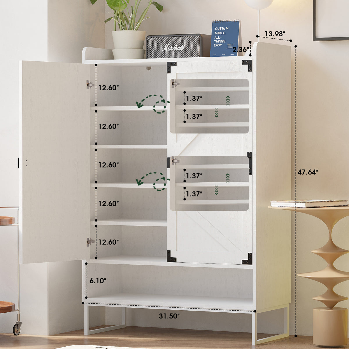 6-Tier Wooden Shoe Storage Cabinet with Adjustable Shelves - Side Profile and Dimensions