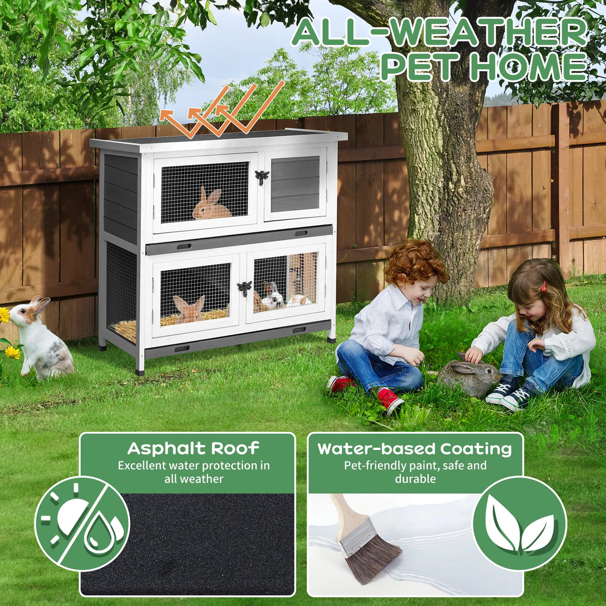 2 Story Solid Wood Rabbit Hutch Bunny Cage with 2 Large Main Rooms Indoor - Image 4