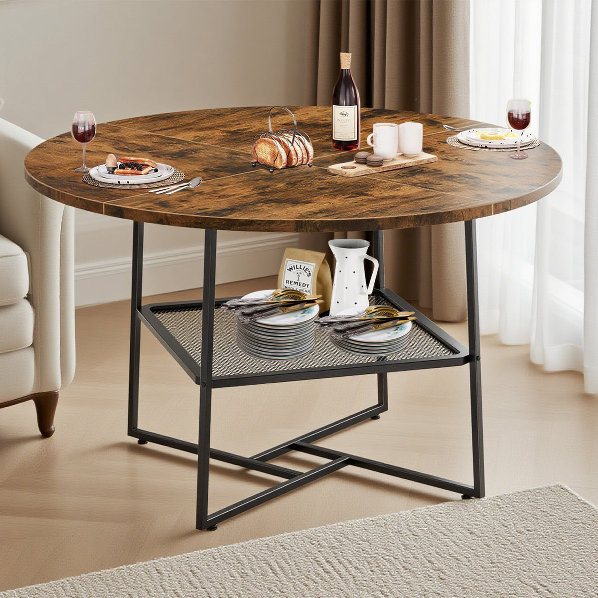 51in Round Dining Table For 4 6 Tiger Stripes Black Wooden Dining Room Table - Image 2