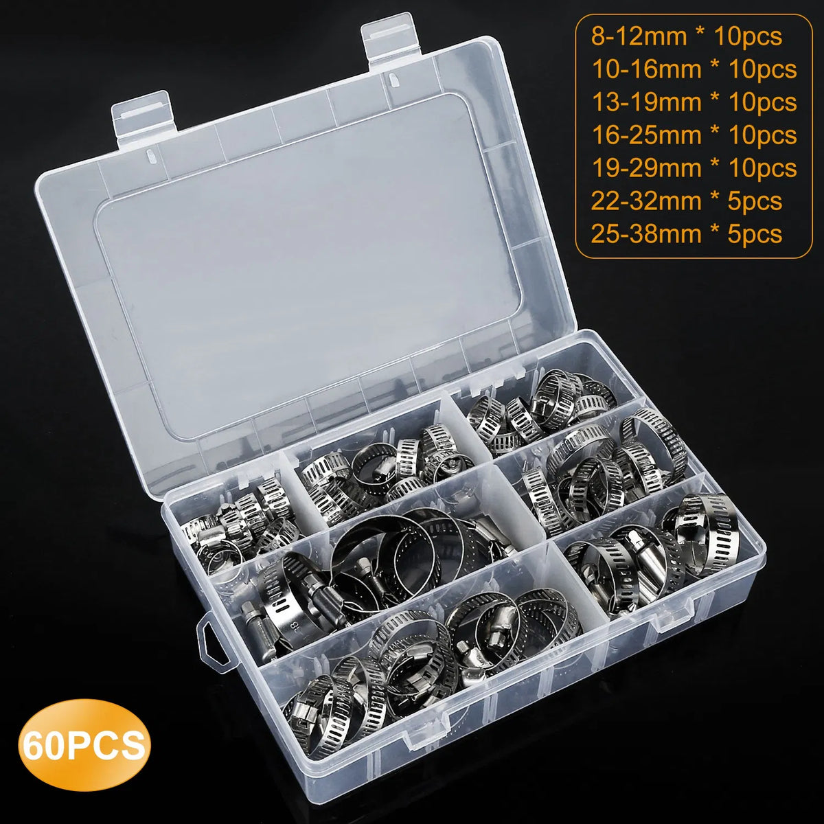 60Pcs Hose Clamp Set Stainless Steel Adjustable Worm Gear Assortment Pipe Tube - Image 4