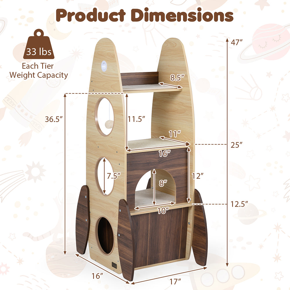 Rocket Cat Tree 47 Inch Large Wooden Cat Tower For Indoor Cats Sisal Scratching